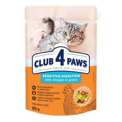 CLUB 4 PAWS PREMIUM "SENSITIVE DIGESTION". СOMPLETE CANNED PET FOOD FOR ADULT CATS