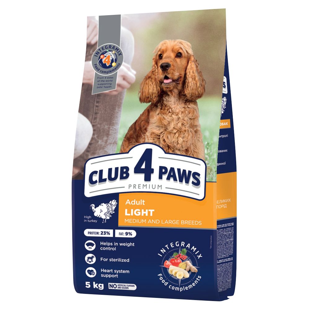 CLUB 4 PAWS PREMIUM LIGHT. СOMPLETE DRY PET FOOD FOR WEIGHT CONTROL FOR ADULT DOGS OF MEDIUM AND LARGE BREEDS STERILISED OR PRONE TO BEING OVERWEIGHT. HIGH IN TURKEY