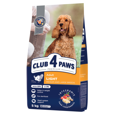 CLUB 4 PAWS PREMIUM LIGHT. СOMPLETE DRY PET FOOD FOR WEIGHT CONTROL FOR ADULT DOGS OF MEDIUM AND LARGE BREEDS STERILISED OR PRONE TO BEING OVERWEIGHT. HIGH IN TURKEY